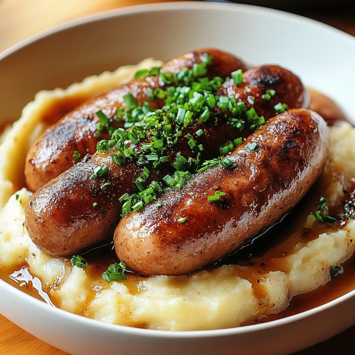 Indulgent Bangers and Mash with Rich Onion Gravy Delight