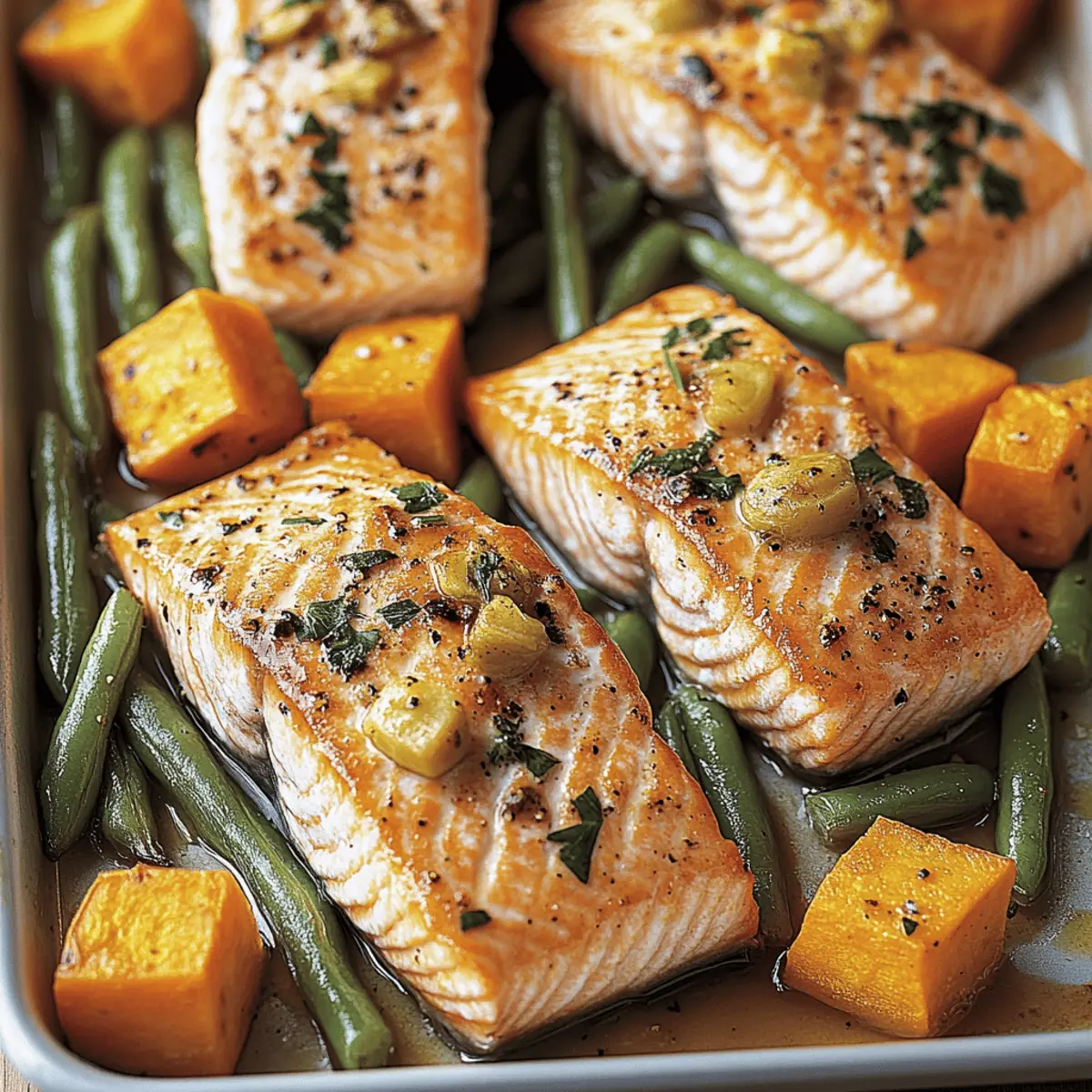 Quick and Healthy Baked Salmon with Sweet Potatoes and Green Beans