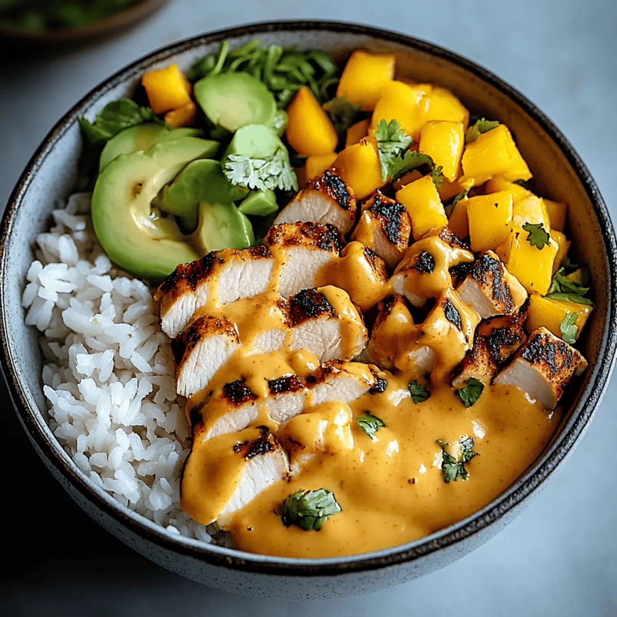Juicy Chicken Buddha Bowl with Spicy Mango Sauce Delight