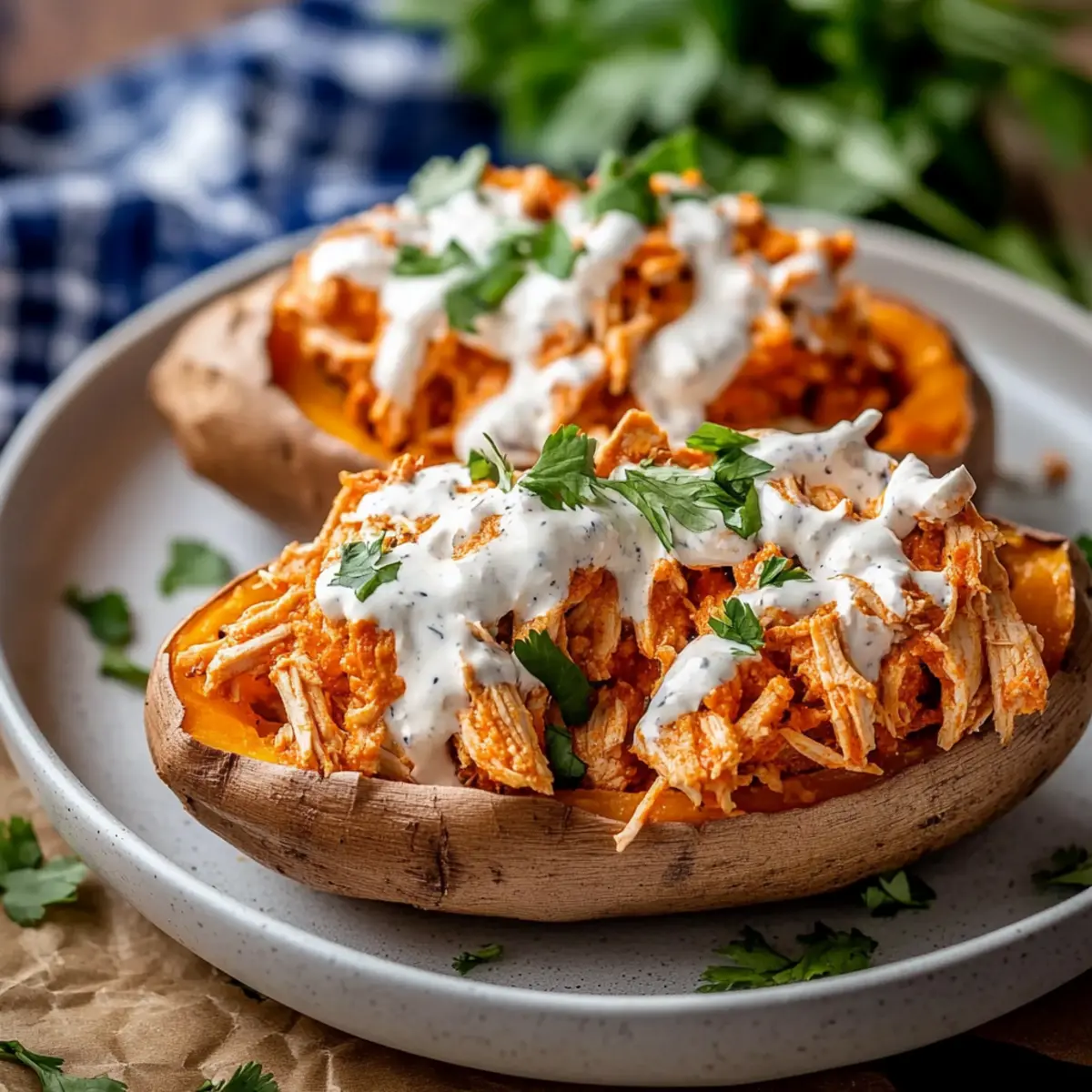 Juicy Slow Cooker Buffalo Chicken Stuffed Sweet Potatoes