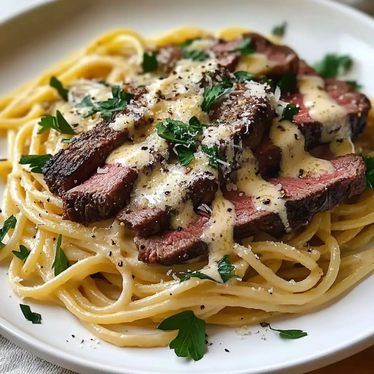 Steak Alfredo with Roasted Garlic Alfredo Spaghetti