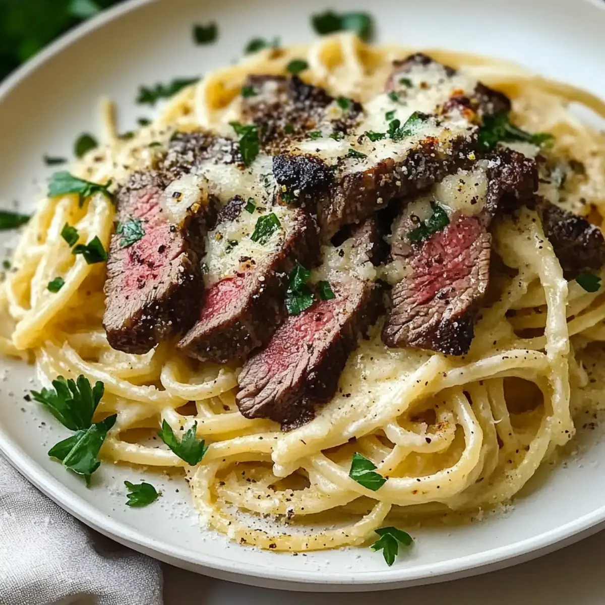 Steak Alfredo with Roasted Garlic Alfredo Spaghetti