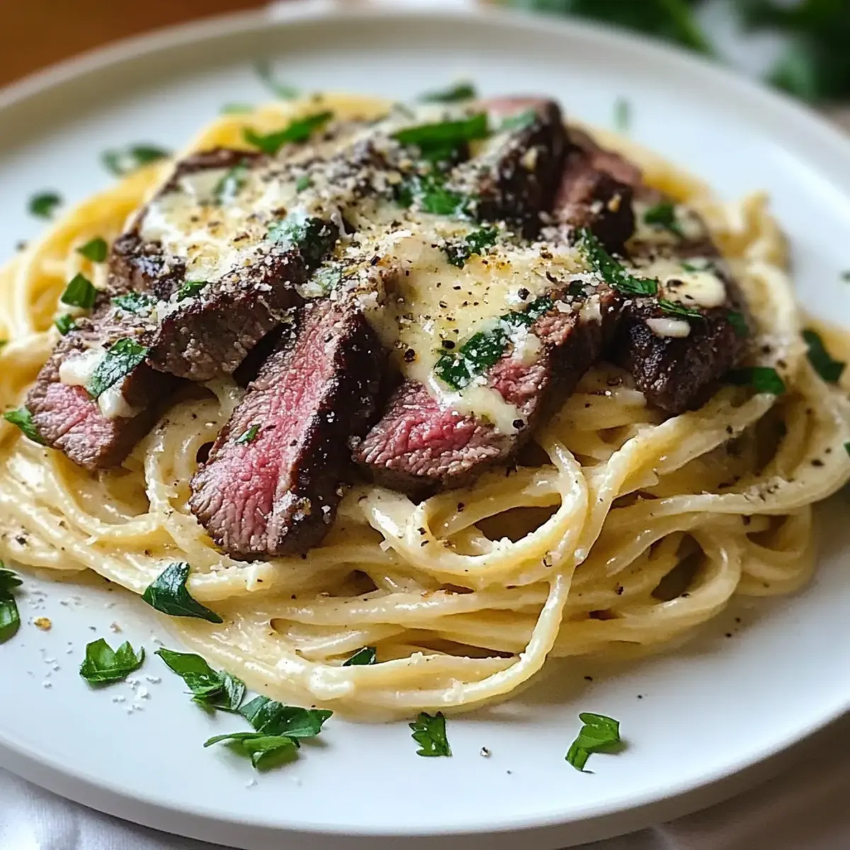 Indulgent Steak Alfredo with Roasted Garlic Spaghetti Delight
