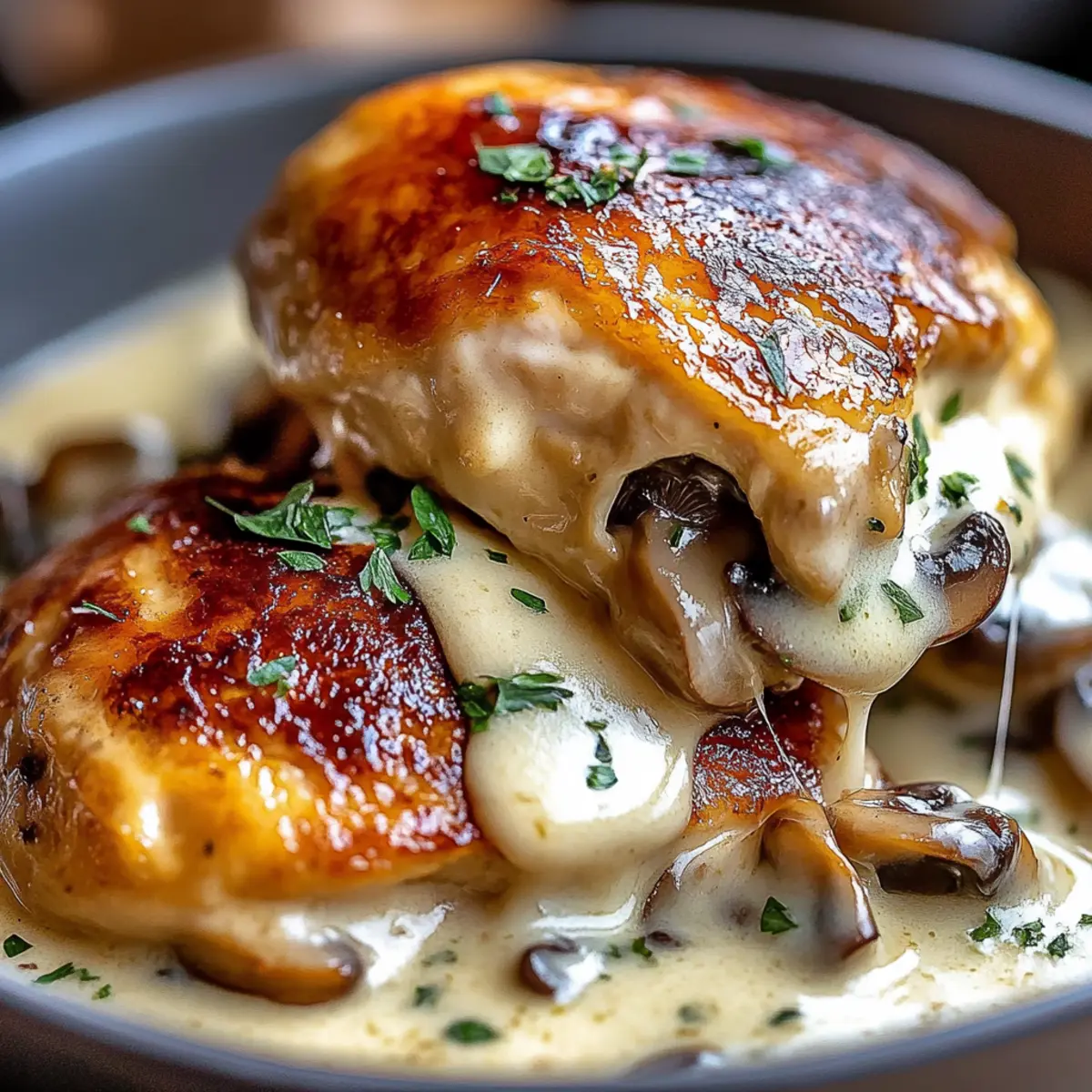 Garlic Butter Mushroom Stuffed Chicken with Creamy Parmesan Sauce
