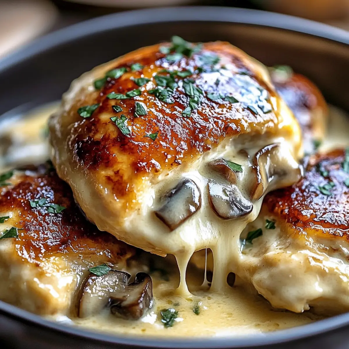 Garlic Butter Mushroom Stuffed Chicken with Creamy Parmesan Sauce