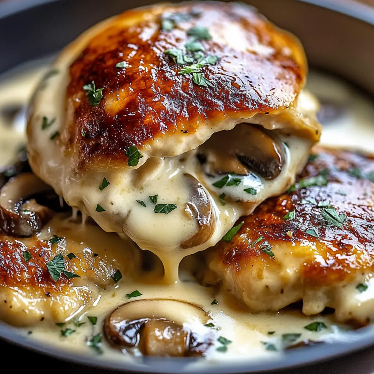 Garlic Butter Mushroom Stuffed Chicken with Creamy Parmesan Sauce